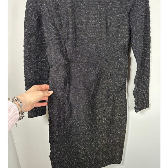 Nicole Miller Artelier Black & Gold Shimmer Long Sleeve Ruched Dress Women's 12 - Picture 4 of 6